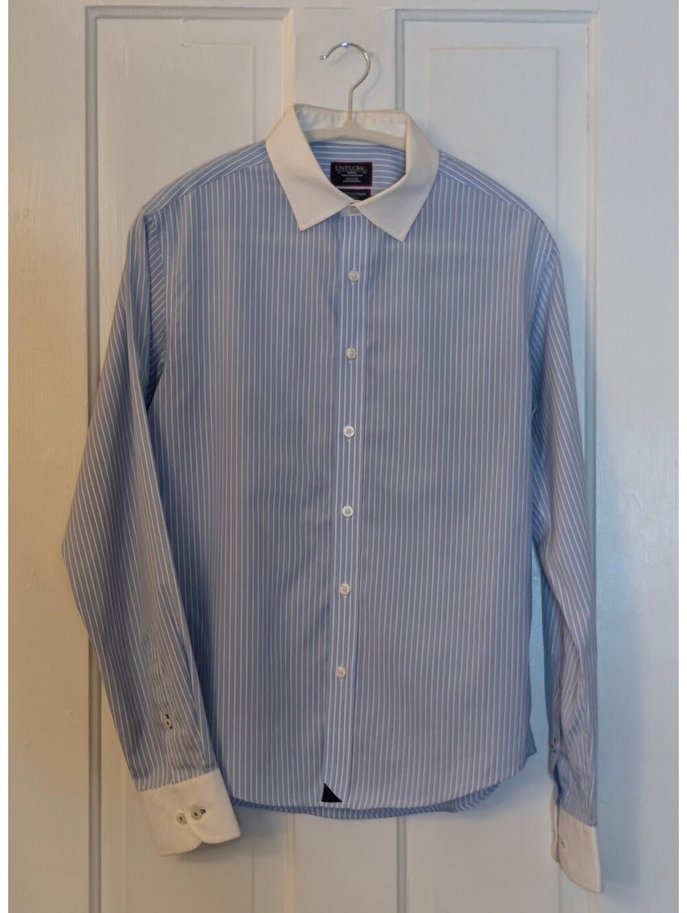 NWOT UNTUCKit SLIM FIT WRINKLE FREE BLUE STRIPE WHITE COLLAR SHIRT | SIZE S